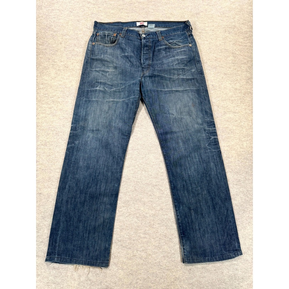 Levis 501 Straight Jeans Men 36x32 Blue whisker Denim Button Fly Logo Distressed